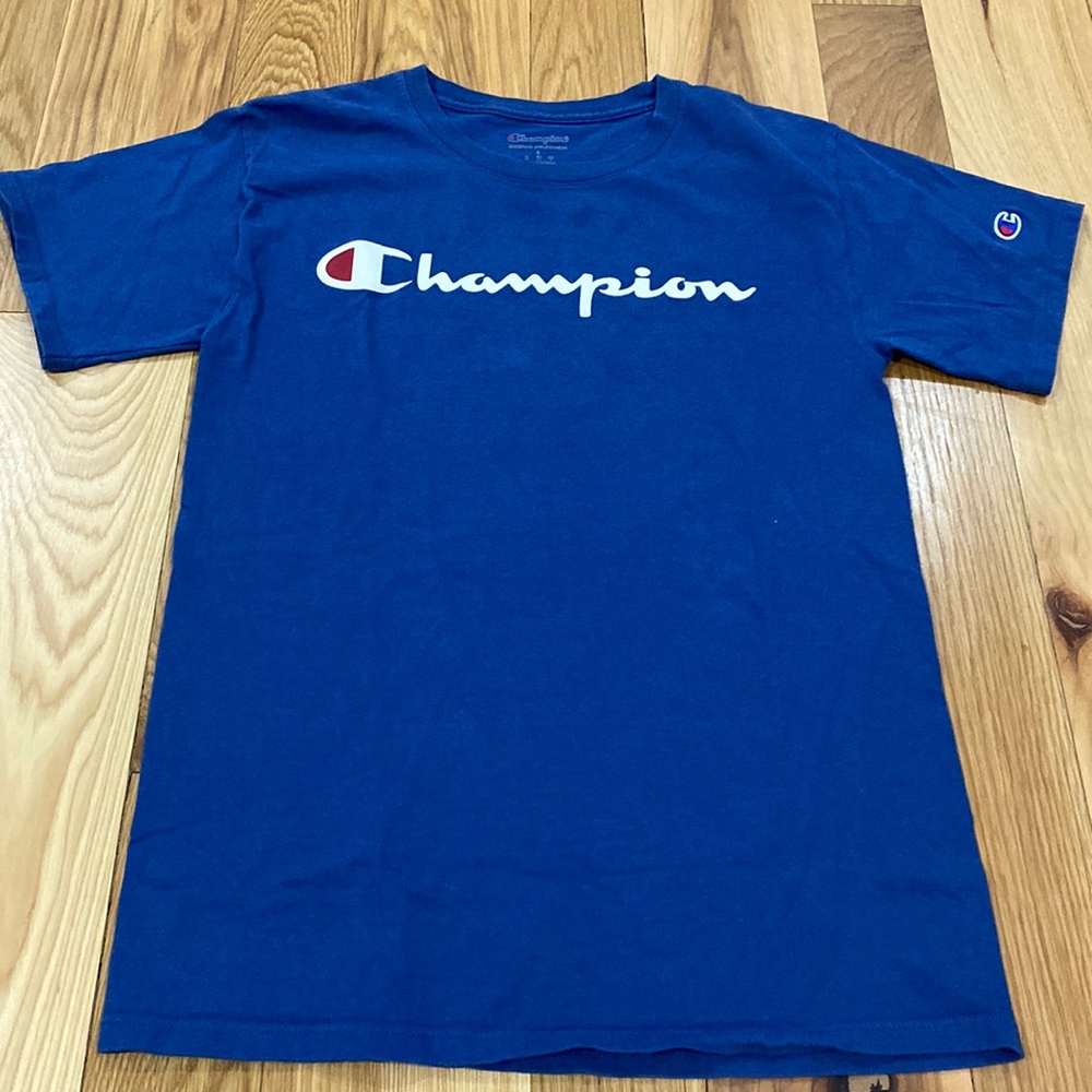 Champion tee: blue with white and red